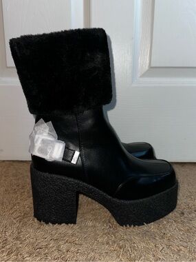 Lamoda ‘FIGURE IT OUT’ Black Platform Faux Fur Mid Calf Ankle Boots 10 NWOB